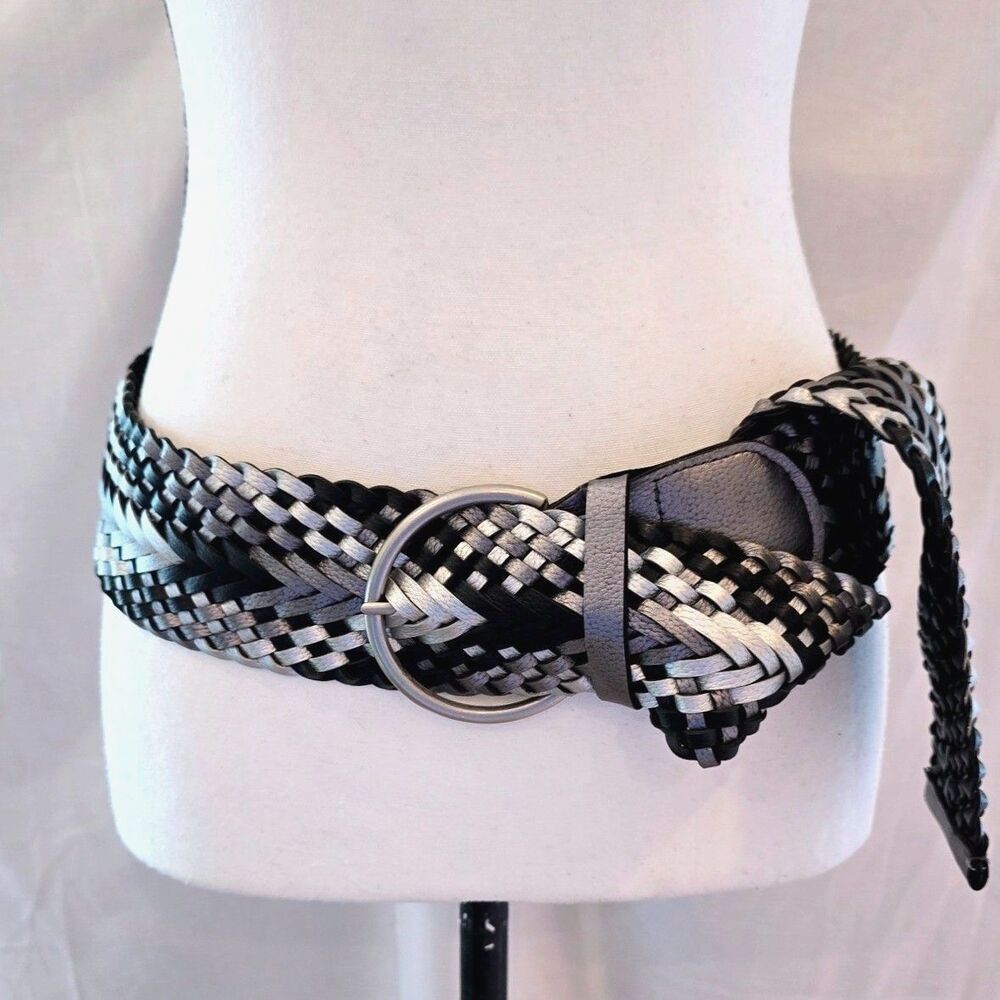 Vintage 80s 90s Woven Braided Belt Metallic Silver Black Chevron Wide Boho 46"